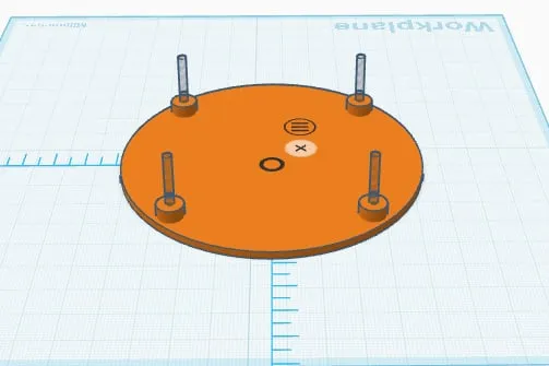 The replacement base modelled in Tinkercad: a round plate with feet and screw posts, sized to the globe