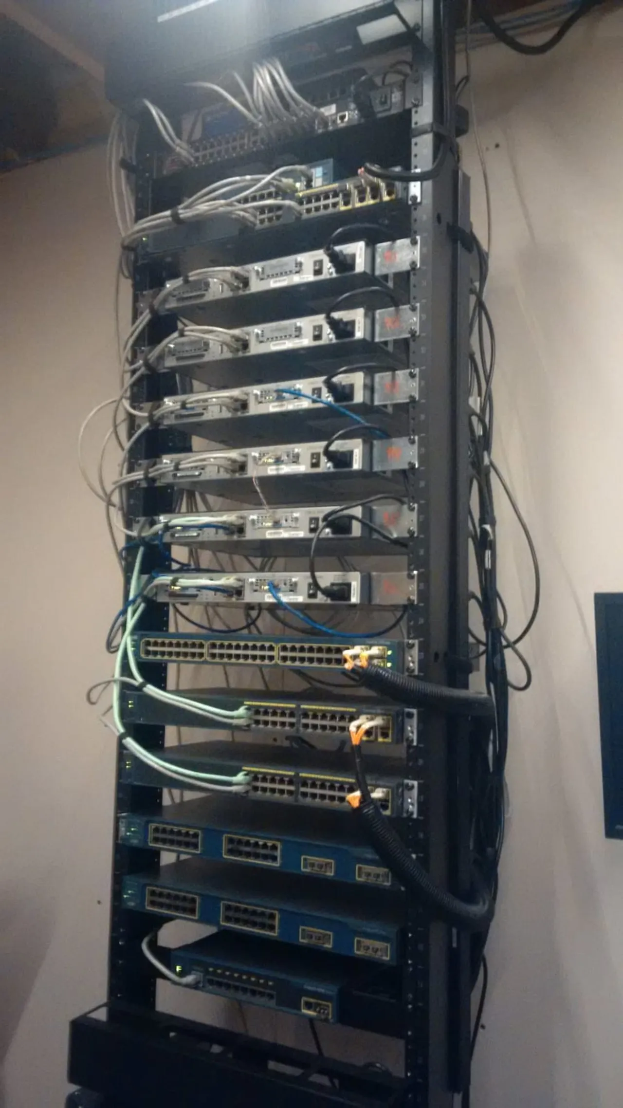 A tall rack of Cisco routers and Catalyst switches, fully cabled