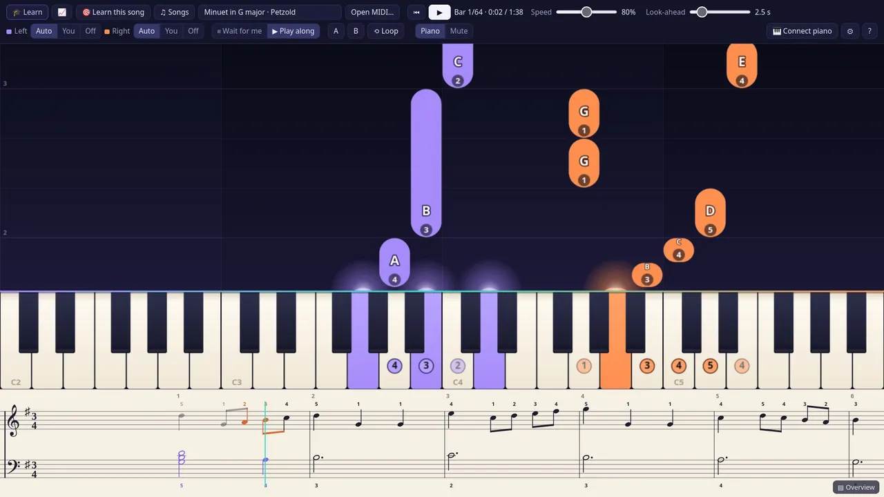 The Piano Trainer player, with orange right-hand and violet left-hand notes falling onto a keyboard above a strip of sheet music