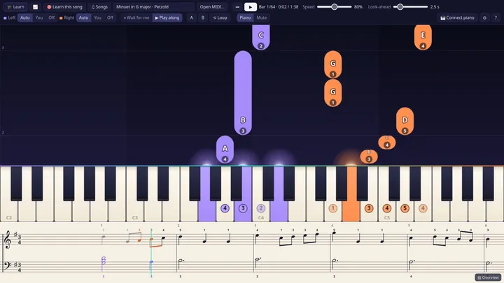 The Piano Trainer player, with orange right-hand and violet left-hand notes falling onto a keyboard above a strip of sheet music