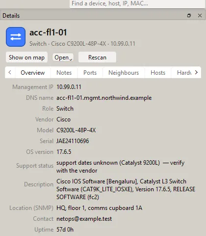A switch's details: Cisco Catalyst access switch with its management addresses, model, serial number, IOS version, location and contact