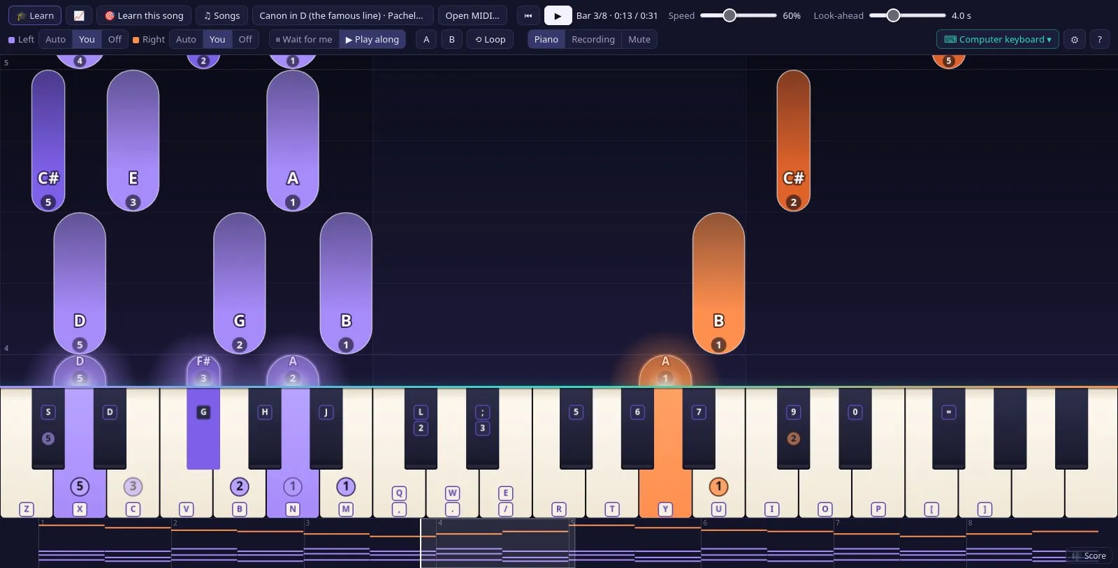 Canon in D on the computer keyboard: a keycap on every piano key, Z X C V and Q W E R on the white keys, S D G H and 2 3 5 6 on the black ones, with the keys to play next lit