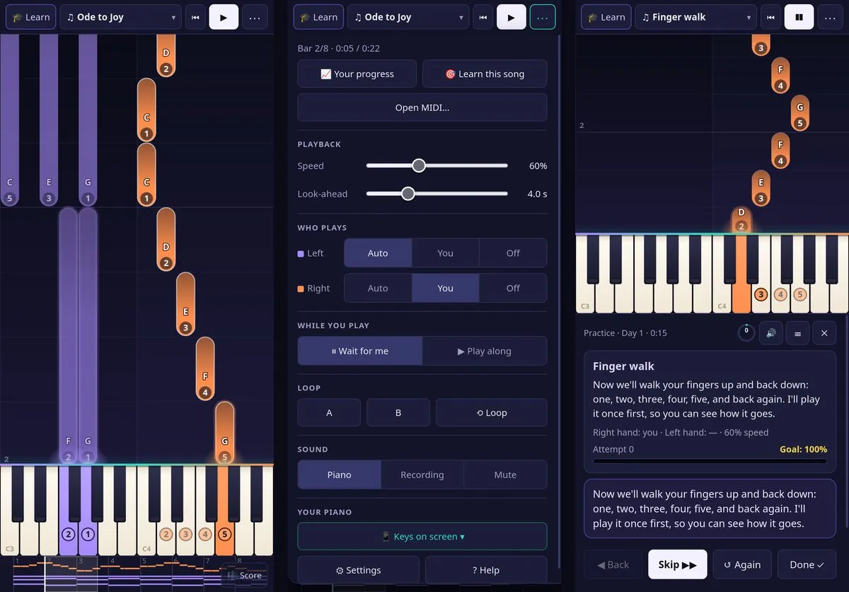 Piano Trainer on a phone: Ode to Joy with the right hand's keys big enough to tap, the ⋯ panel with speed, hands, loop and sound, and a lesson with the teacher under the notes