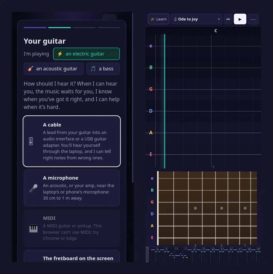 Guitar Trainer on a phone: the welcome asking which guitar and how it's connected, and Ode to Joy with the fretboard big enough to tap