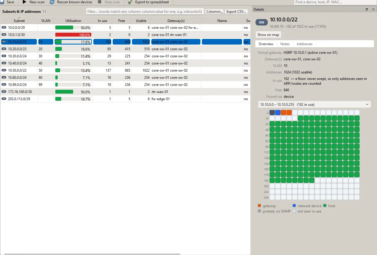A subnet's address map: a grid of a /22's addresses, green where a host is, blue for network devices, alongside the subnet list with utilisation bars