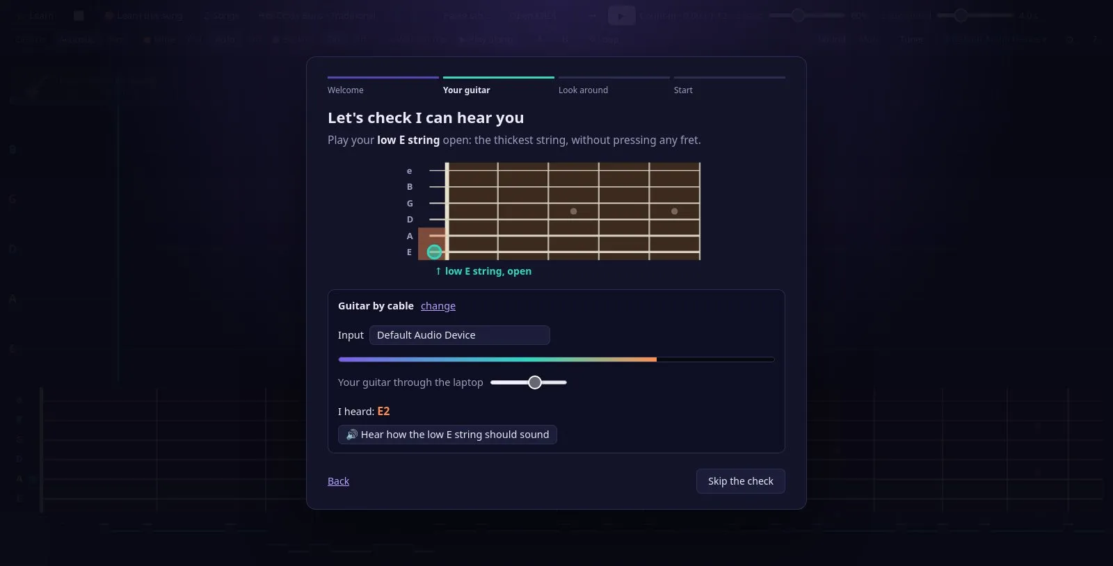 The welcome checking it can hear the guitar: play the open low E string, lit on a small fretboard, with the input level and "I heard: E2" underneath