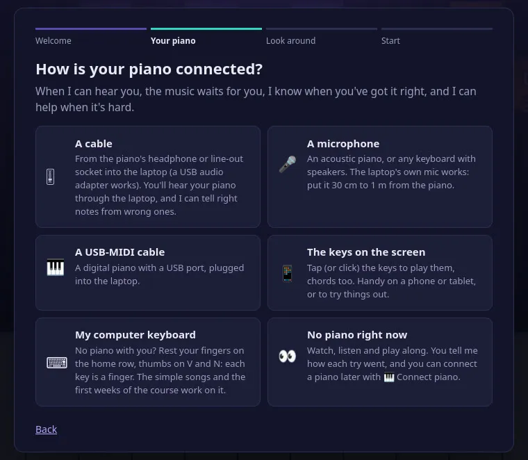 The welcome tour asking how the piano is connected: a cable, a microphone, a USB-MIDI cable, the keys on the screen, the computer keyboard, or no piano right now